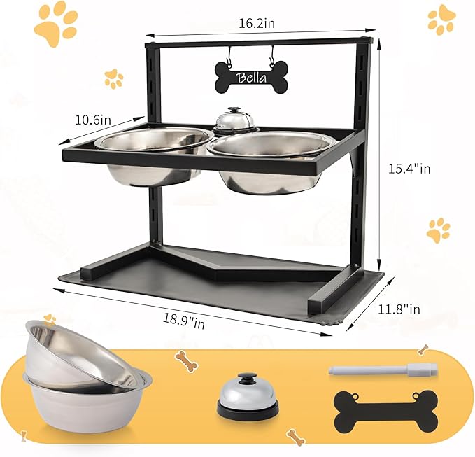 Grand Line Elevated Dog Bowls - 7 Height Adjustable, 10 Tilted Raised Stand With Spill Proof Mat, Two 1.5L Stainless Steel Food Water Bowls for Large Medium Small Dogs (15.4" H)