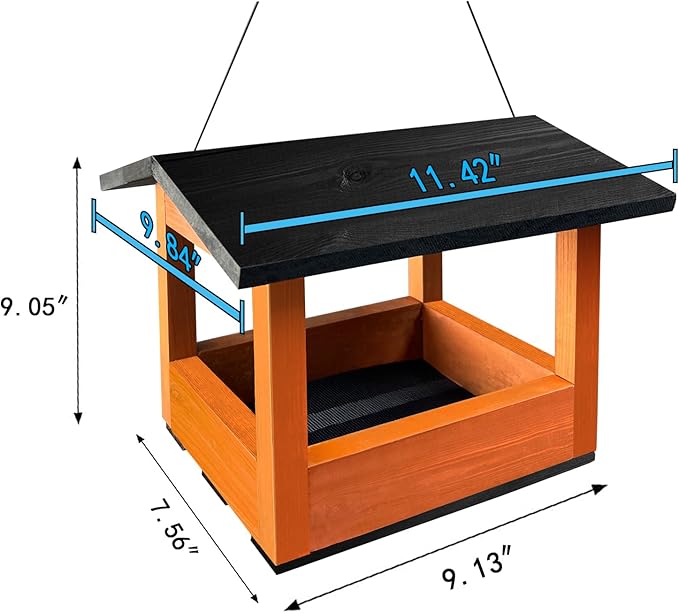 Wooden Hanging Bird Feeder Tray – Outdoor Platform Feeder for Cardinals, Squirrels, and Small Birds – Bird House Style for Backyard Garden (Orange)