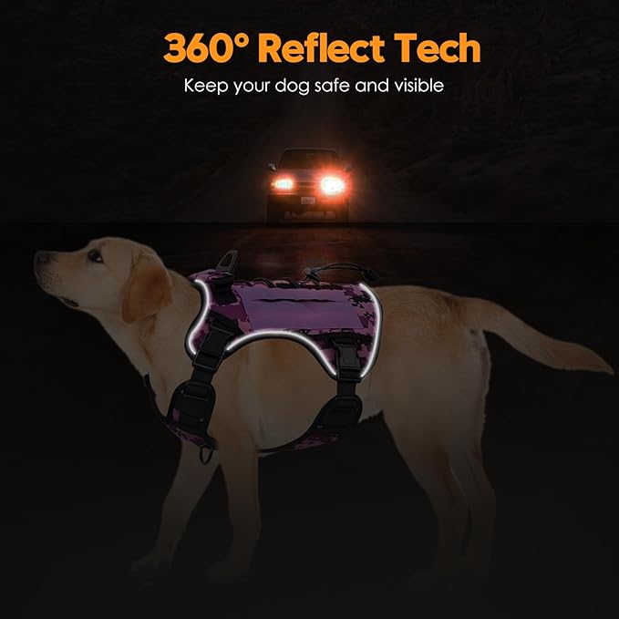 Heavy-Duty Tactical Dog Harness for Large Dogs, No Pull Adjustable Reflective Pet Vest with Molle System, K9 Military-Grade Control for Service Training, Outdoor & 10+ Breeds, Purple Camo, XX-Large