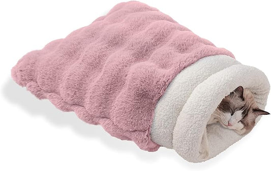 Cat Sleeping Bag for Indoor Cats Self Warming Cat Bed Fits up to 15 lbs Pets Soft Plush Warm Bed 360° Wrap Bag Washable Comfortable Pet Sleeping Bed 21" × 17" Pink