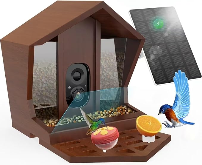 Smart Bird Feeder with Camera Solar Powered AI Identification 10,000+ Bird 2K UHD Video Live Instant Arrival Alerts and Real-Time Motion Detection Weatherproof Bamboo for Outdoor Birds Lovers