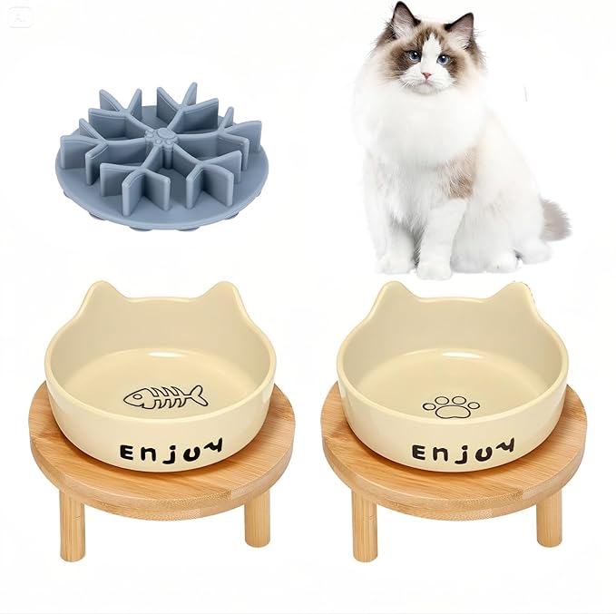 3PCS Elevated Cat Bowls,Wide Raised Ceramic Pet Dishes with Bamboo Stand, Whisker Friendly Pet Water or Food Plates Feeding Station for Indoor Small Dogs, Kitten (Yellow(2PCS))