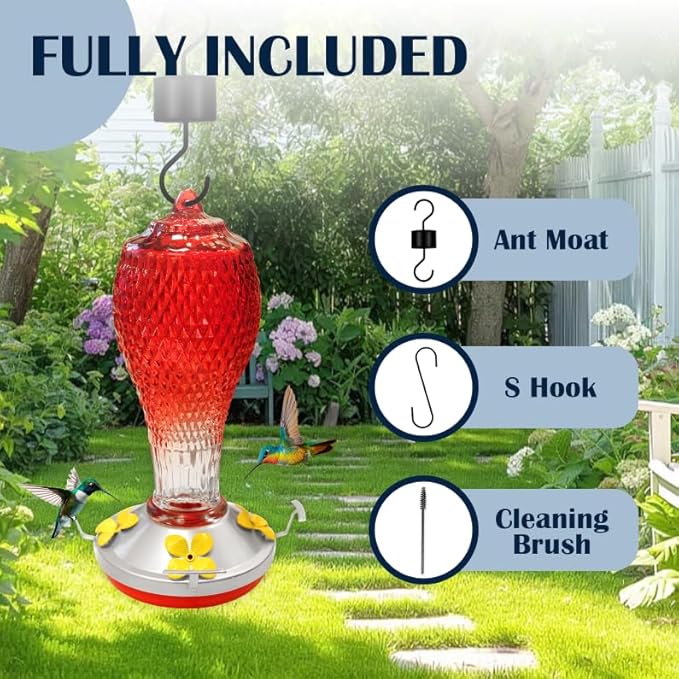 Hummingbird Feeder for Outdoors,17 OZ Glass Humming Bird Feeder for Garden Decor,Four Flowers Feeding Ports,Leak Proof,Ant Moat Included,Humming Gifts for Women