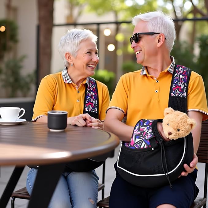 Pet Sling Carrier for Small Dogs & Cats, Mesh Travel Shoulder Bag, 10 lb Capacity, Adjustable Strap, Black with Geometric Pattern (Red camo, Small)