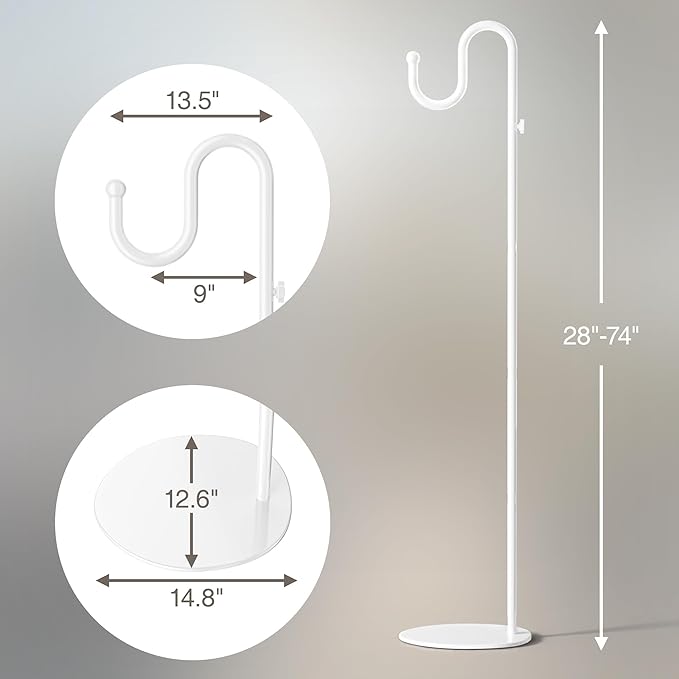 niffgaff 74" Shepherds Hook Stand for Plant: Hanging Bird Feeders, Plants, Lanterns, Wreath and Wind Chimes, Adjustable Free Standing Pole Holder with Heavy Duty Base, Holds Up to 20 LBS, White