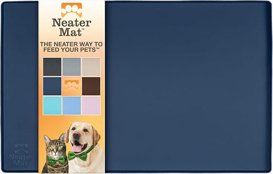Neater Pet Brands Neater Mat Pet Mats for Food and Water, Cat & Dog Bowl Mat Waterproof Silicone, Feeding Tray, Dog Food Mats for Floors, Placemat w/Raised Edge for Under Bowls, 19” x 12”, Dark Blue