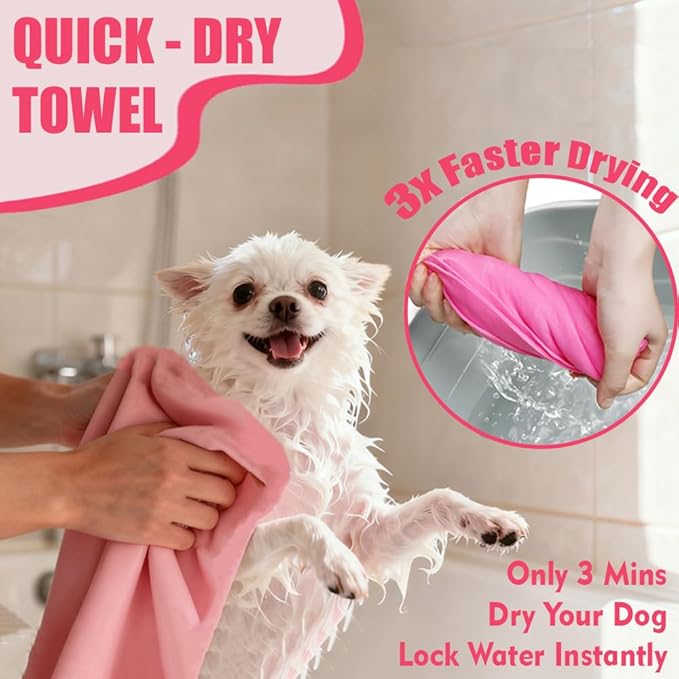 Dog Bath Brush Washing Kit - 5pcs Dog Grooming Washing Brush & Drying, Adjustable Handle Scrubber Massager Bathing Brush for Long & Short Haired Dogs, Scalp Scrubber Hair Bath Brush Set Pink