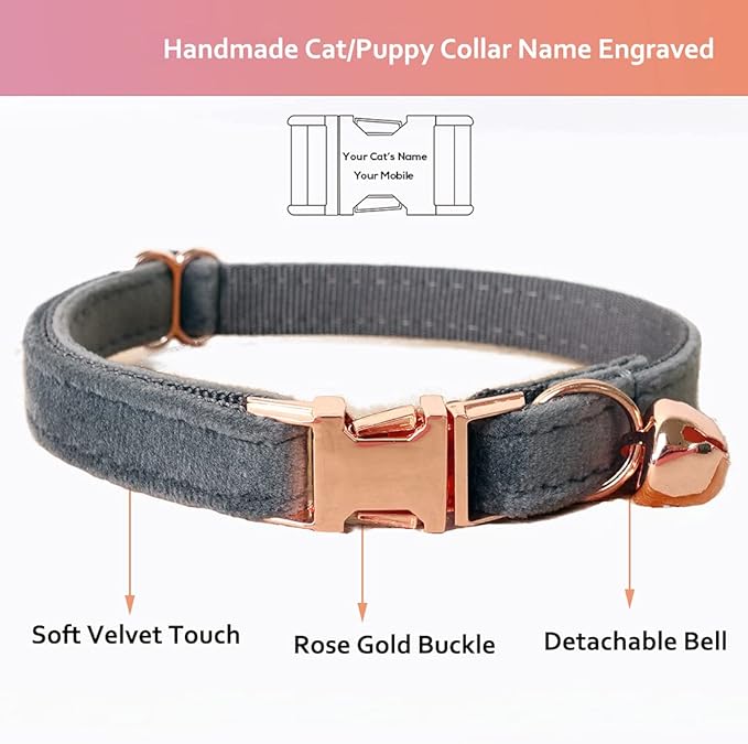 Cat Collar Personalized with Name Engraved and Bell, Customized Velvet Collars for Puppy Kittens (Grey, S)