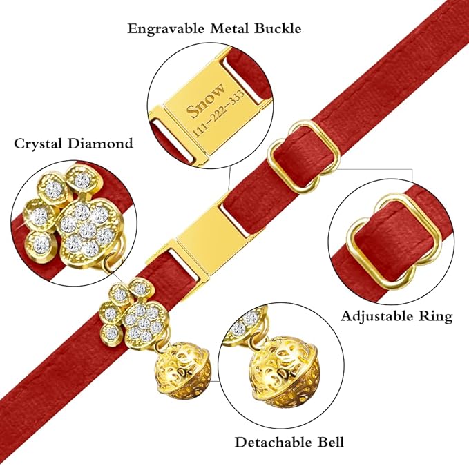Personalized Breakaway Cat Collars - Magnetic Buckle, Bell - Safety Quick Release, Customized for Girls & Boys Cats- (Velvet-Red)