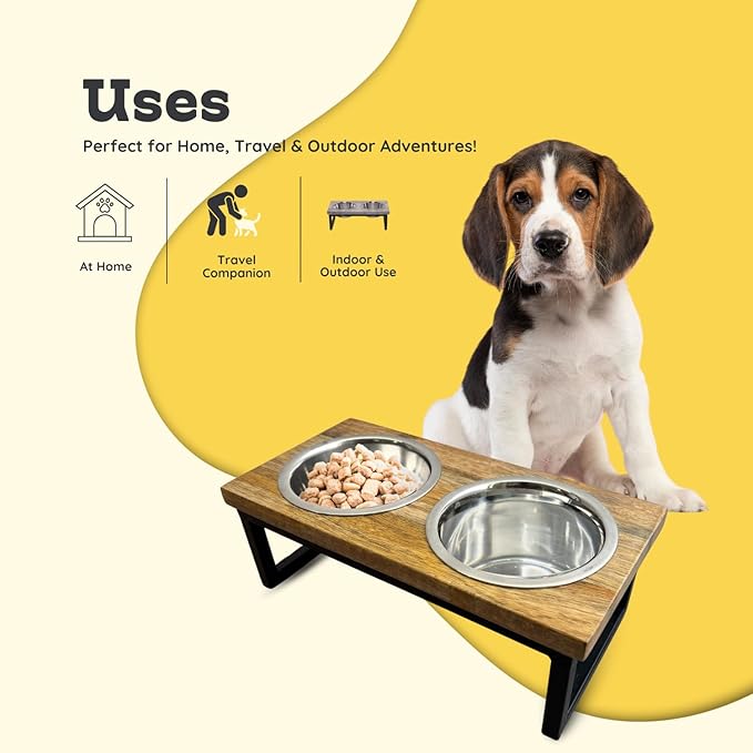 Elevated Dog Bowls, Small-Med 5 Height Mango Wood Raised Dogs Bowl Iron Stand with 2 Pcs 32oz Stainless Steel Pet Dishes | Food & Water 4Cup/0.95L Capacity Nonslip Cats Feeding Station