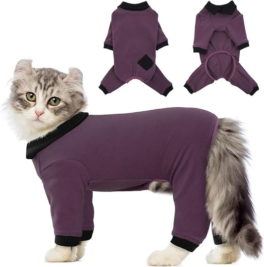 QBLEEV Cat Pajamas for Cats Only, Sticky Hair Cat Clothes, Cat Onesie for Cats After Surgery Female Male, Surgical Cat Recovery Suit Full Bodysuit, Long Sleeve Cat Shirts Outfits to Prevent Licking