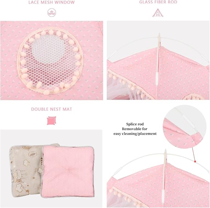 Cat Bed Tents Dog House Indoor Outdoor Lace Mesh Breathable Windows Door Curtains Removable Portable Nest Teepe House (Small,Pink(Flower))