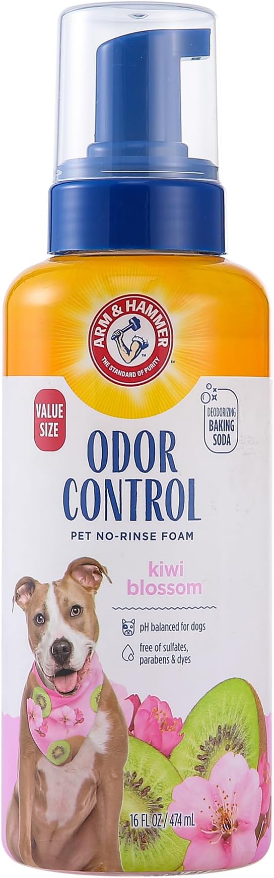 Arm & Hammer for Pets Odor Control Pet No-Rinse Foam with Baking Soda, Kiwi Blossom Scent, Best Odor Eliminating Foam for Dogs and Puppies; Waterless Dog Deodorizer, 16 Fl Oz