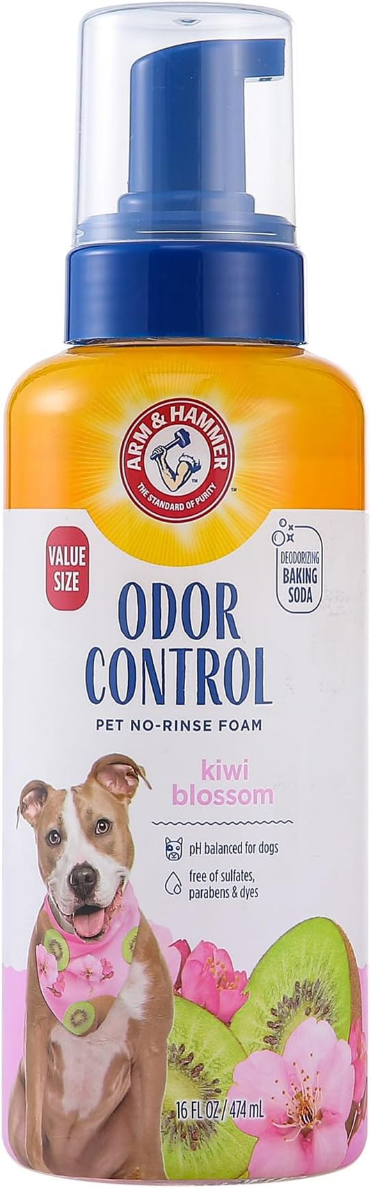 Arm & Hammer for Pets Odor Control Pet No-Rinse Foam with Baking Soda, Kiwi Blossom Scent, Best Odor Eliminating Foam for Dogs and Puppies; Waterless Dog Deodorizer, 16 Fl Oz