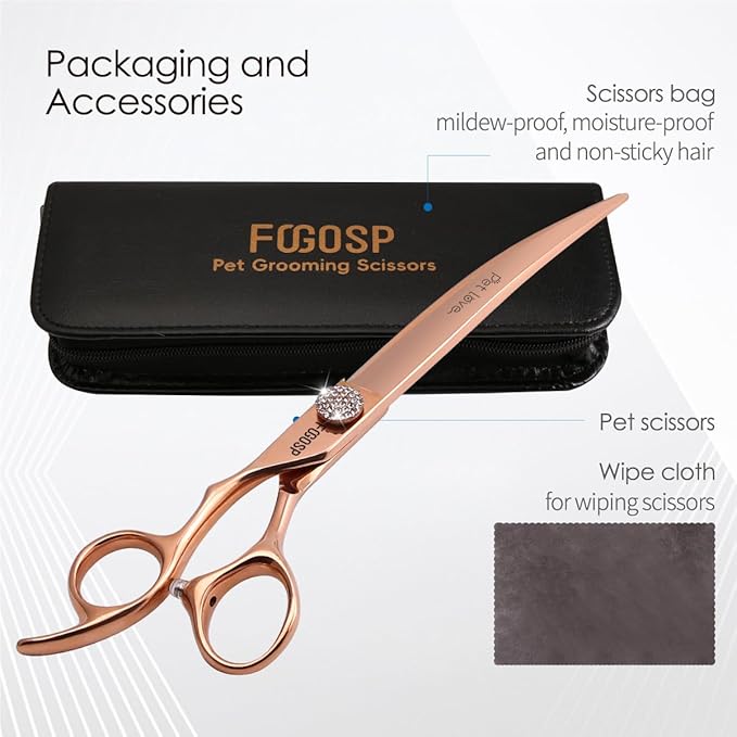 Professional Left Handed Curved Dog Grooming Scissors 8'' Downward 30° Rose Gold Titanium Japan 440C Pet Grooming Trimming Shears for Large Dog Poodle(8,Curved)