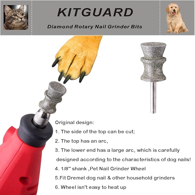 Diamond Dremel Dog Nail Grinder Bits for Rotary Tool-1/8'' Dremel Dog Nail Grinder Attachment-Pet Nail Grinder Bit Work for Animals Nail Care（Large A）