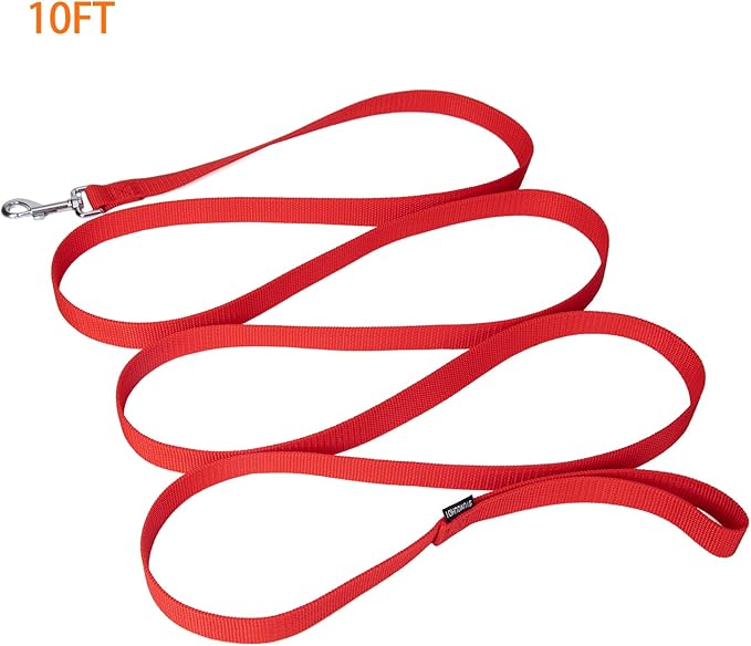 Strong Durable Nylon Dog Training Leash, 1 Inch Wide Traction Rope, 6 ft 10ft 15ft Long, for Small and Medium Dog (Red, 10 Feet)