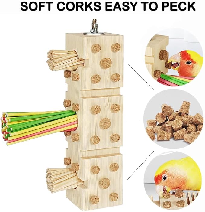 Parrot Toy Cage Perch with Pine Wood Foraging Smart Chewing Toy Soft Corks for Small to Regular Size Parrot Cockatiel Foraging Toy