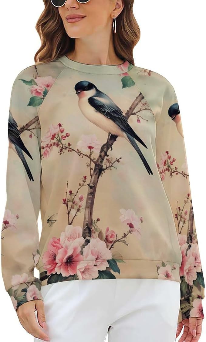 Womens Long Sleeve Tops Y2k Japanese Art Print Sweatshirts Fall Pullover for Women Crewneck Vintage Shirts Boho Tops