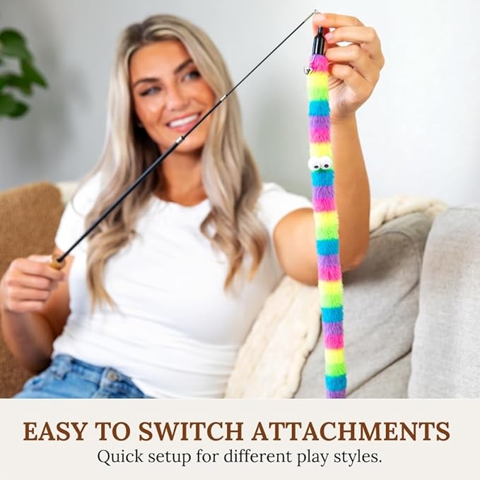 Cat Toys Set Cat Toy Wand Fishing Pole Retractable Teaser & Fuzzy Worm Interactive Kitten Toys Wand Attachments