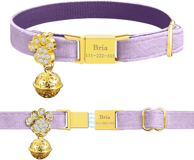 Personalized Breakaway Cat Collars - Magnetic Buckle, Bell - Safety Quick Release, Customized for Girls & Boys Cats- (Velvet-Light Purple)