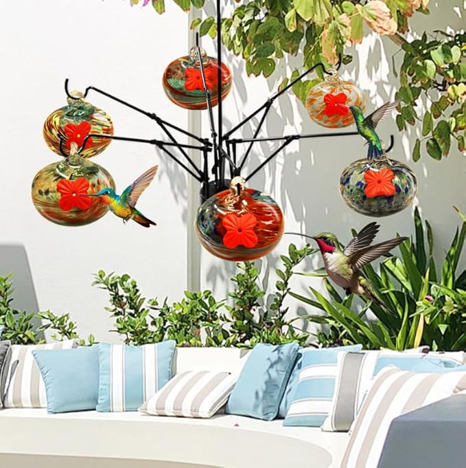 Hummingbirds Feeder for Outdoor Hanging (6 Feedind Balls),Hand Blown Glass Feeder with S Hook,Never Leak,Garden,Backyard,Patio Decor,Humming Birds Gifts