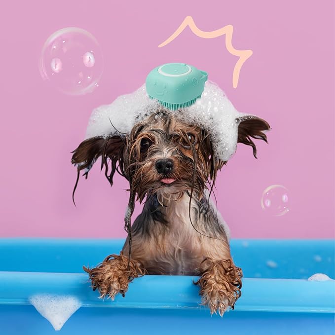 HamInWay Dog Bath Brush, 2-in-1 Dog Grooming Brush with Built-in Shampoo Dispenser, Gentle Silicone Bristles for Bath & Massage, Non-Slip Handle, Easy Clean Design for Dogs, Cats & Small Pets, Blue