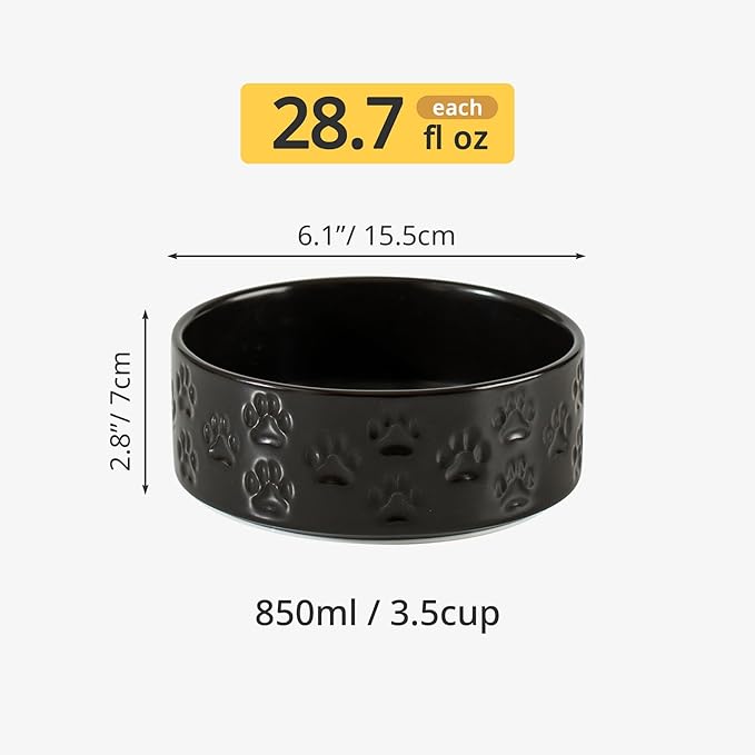 Ceramic Dog Bowl Set, 6.1" Dog Bowls with Anti-Slip Rings for Small Breed Dogs, 3.5 Cup Food and Water Bowls, Pet Dishes for Small-Sized Dogs, Microwave Safe (Double Bowls - Black, 6 inch)