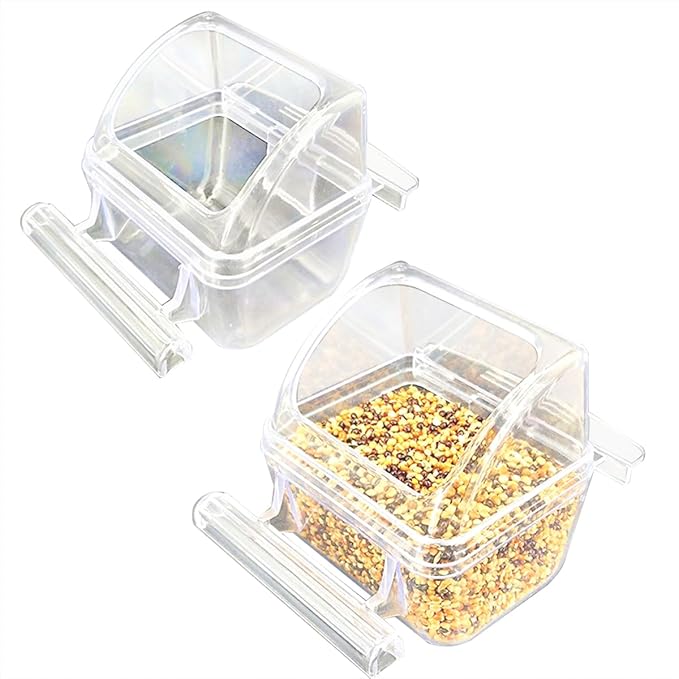 2 Pack Bird Feeder Bowl Clear Water Container Bird Cage Dish No Mess Parakeet Hanging Food Cup for Cage Plastic Parakeet Feeder with Perch