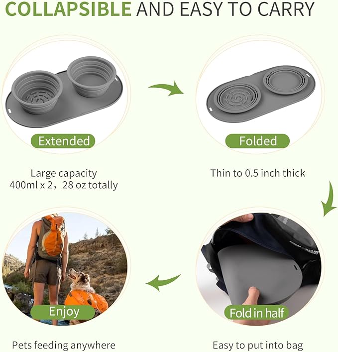 Puppy Dog Bowl,Travel Bowls Dog Food Bowls&Dog Water Bowls,No Spills,Collapsible Double Bowl,Suitable for Small and Medium Sized Dogs(Dark Grey)