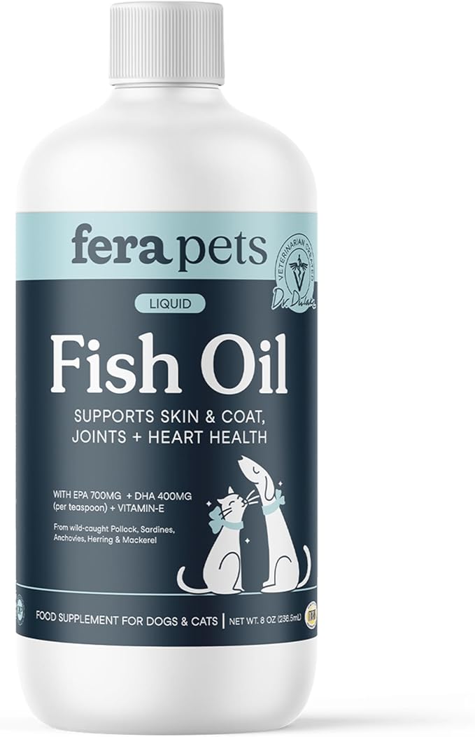 Fera Pets Fish Oil - Omega 3 for Dogs & Cats to Support Joints, Heart, Skin and Coat Health - Non GMO with Vitamin E - 8 oz