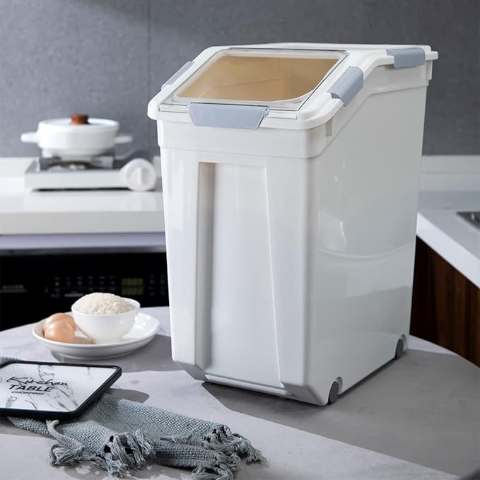 HANAMYA 33 Liter / 50 lbs Rice Storage Container with Measuring Cup, BPA free, For Rice | Grain | Pet Food | Flour, 2 count, White