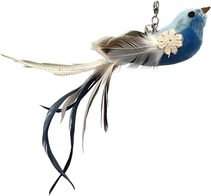Deluxe Bird Replacement Heads for Cat Toys - Set of 5 - Realistic Feather Designs Including Blue Floral, Two-Tone, Traditional, Black & White, Green Hummingbird - Easy Clip-On