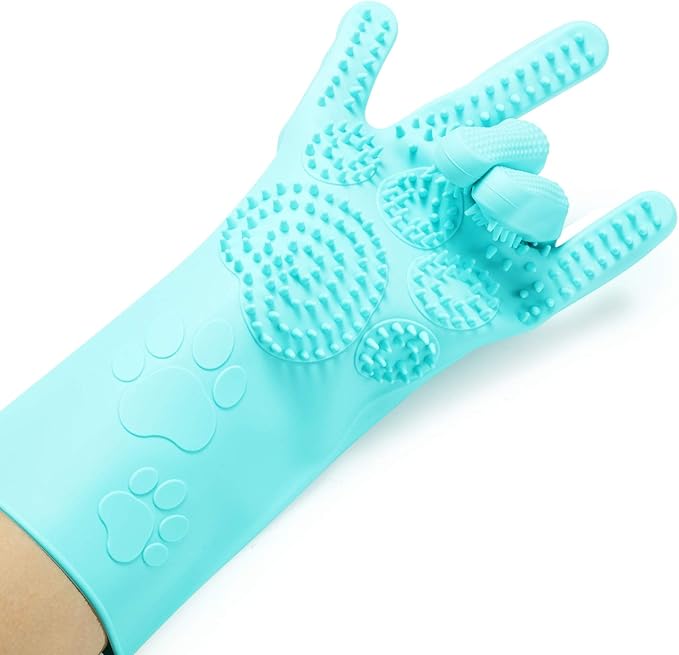 Pet Grooming Magic Gloves, Dog Cat Bathing Shampoo Brush, Silicone Hair Removal Gloves with Thick High Density Teeth for Bathing and Messaging, Double-Side Scrubbing Gloves for Shedding
