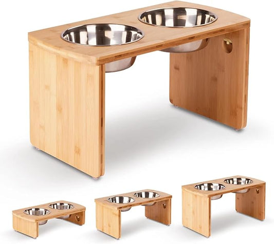 Elevated Dog Bowls, Bamboo Raised Dog Bowl for Large Dogs, with 2 Stainless Steel Bowls (13'' Tall-68oz Bowl, Natural)