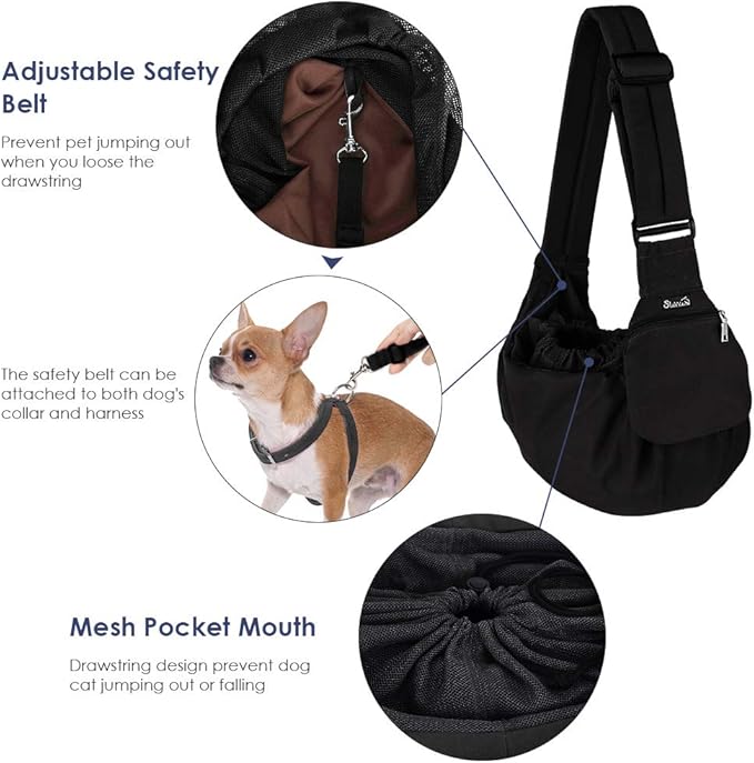 Lukovee Dog Sling Carrier, Hard Bottom Support & Adjustable Soft Padded Shoudler Strap Dog Slings for Small Dogs, Dog Purse with Drawstring Mesh Opening & Zipper Pockets for Puppy Cat Pet (Black-BN)
