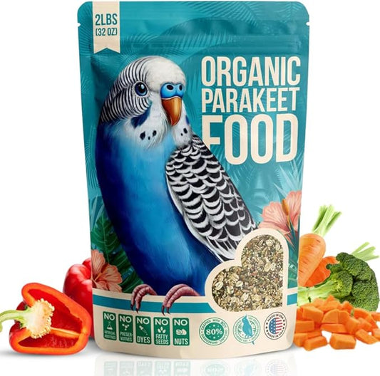 80% Organic Parakeet Food - No Fillers, Fatty Seeds, or Dyes - Budgies, Lovebirds & Parrotlets - Premium Human Grade Seed Mix, Grain & Wholesome Veggies – Made in USA (2 lbs)