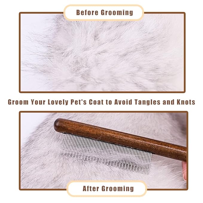 Dog Cat Comb with Solid Wood Handle Stainless Steel Teeth, Professional Pet Grooming Supplies Accessories Perfect for Honghair Hairy Pets