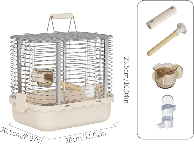 Bird Carrier Travel Cage, Durable Portable Stainless Steel Birdcage with Bird Perch & Feeding Bowl for Parrots Canaries Budgies Lovebirds Conures Cockatiels (Small Light Brown)
