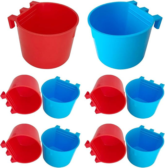 10 Pcs Cage Cups Birds Feeders Bowl Chicken Feeding Watering Dish Hanging Wire Cages Box Coop Cups for Pet Parrot Parakeet Gamefowl Poultry Pigeon and Quail（Blue and Red）