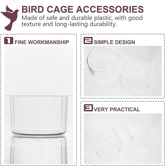 Kisangel 2PCS Bird Cage Feeder Trough, Clear Bird Feeder Cups Parrot Water Bowl for Cage Replacement