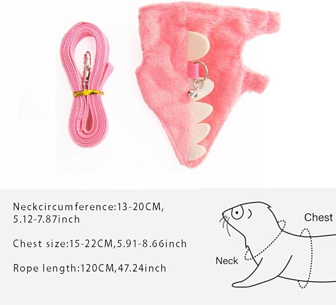 Ferret Leash and Harness Set, Dinosaur Design Small Animal Harness with Leash, Adjustable & Escape-Proof, Soft Plush Comfort for Rabbits, Kitten, Bunny, Hedgehog (Pink)