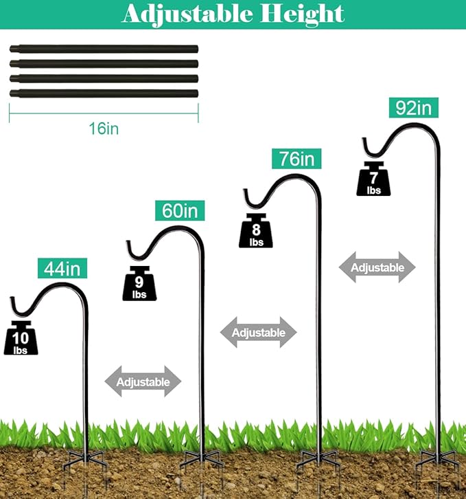 76 Inch Tall Outdoor Shepherds Hook with 5 Prong Base, Adjustable Bird Feeder Pole Hanger for Hanging Outside Birdfeeders, Plant Baskets, Lanterns, Wedding Decor