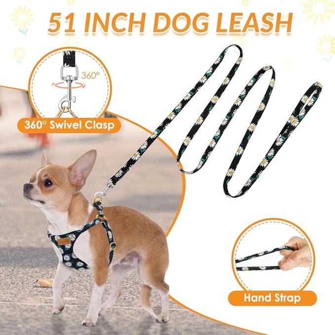 SlowTon No Pull Dog Harness with Leash - Soft Lightweight Floral Pattern Puppy Harness, Adjustable Pet Harness for Small Medium Dogs (Black Daisy XXS)