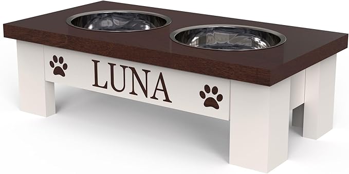 GrooveThis Woodshop Luxury Pet Feeder - Elevated Stand with Stainless Steel Bowls for Small Dogs & Cats, Anti-Slip, Easy Clean, Chic & Durable Design (X-Small, Dark Walnut)