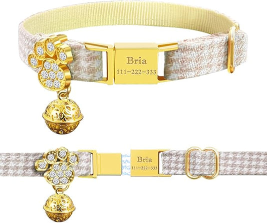 Personalized Breakaway Cat Collars - Magnetic Buckle, Bell - Safety Quick Release, Customized for Girls & Boys Cats- (Houndstooth-Khaki)