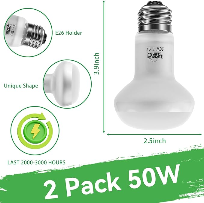 LUCKY HERP Intense Heat Lamp Bulbs for Reptiles 50W 2 Pack, UVA Daylight Reptile Heat Lamp, Reptile Basking Heat Light Bulb for Amphibian, Tortoise, Bearded Dragon, Lizard, Turtle, Snake Heating Use