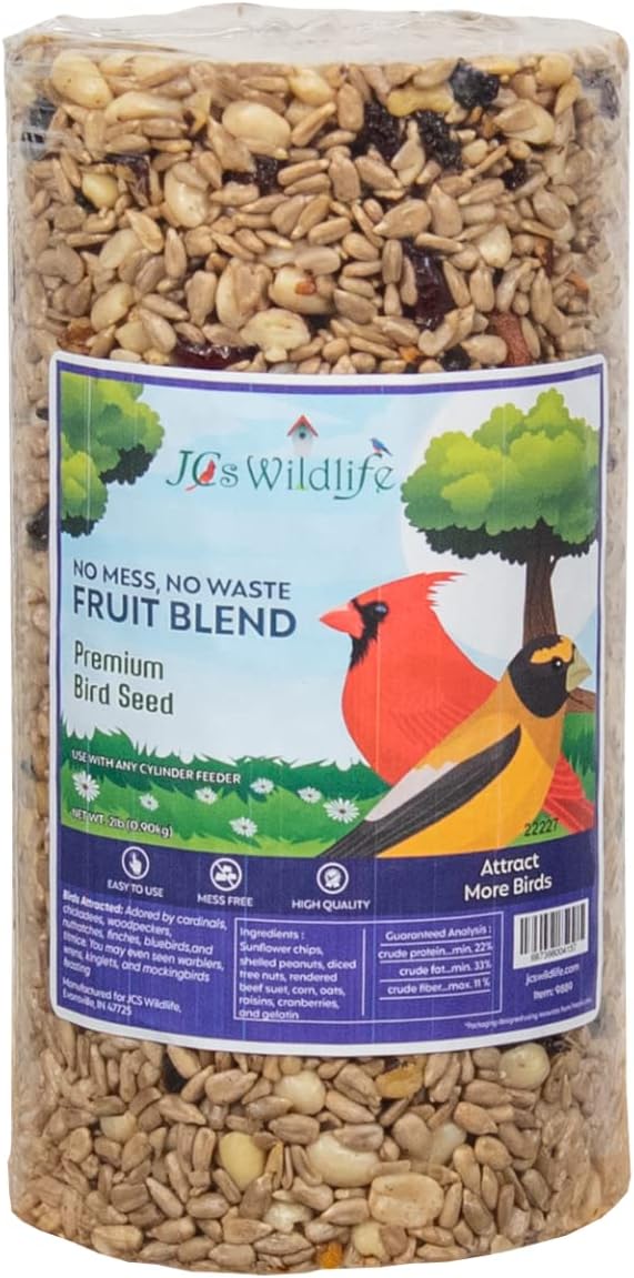 JCs Wildlife No Mess, No Waste Fruit Blend Premium Bird Seed Small Cylinder with Hole, 2 lb (6 Cylinder)