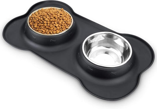 AsFrost Dog Food Bowls Stainless Steel Dog Bowls, Pet Dog Food Water Bowls No-Spill Non-Skid, Feeding Bowls with Dog Bowl Mat Dog Dishes for Small Medium Size Large Dogs Cats Puppy, Black, 240z