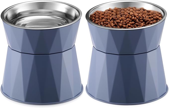 Lallisa 2 Pcs Elevated Cat Bowls Adjustable Raised Cat Feeder Non Slip Food Water with Stand Safe Stainless Steel Bowls with Pet Food Stand for Pets Feeding Eating(Blue)